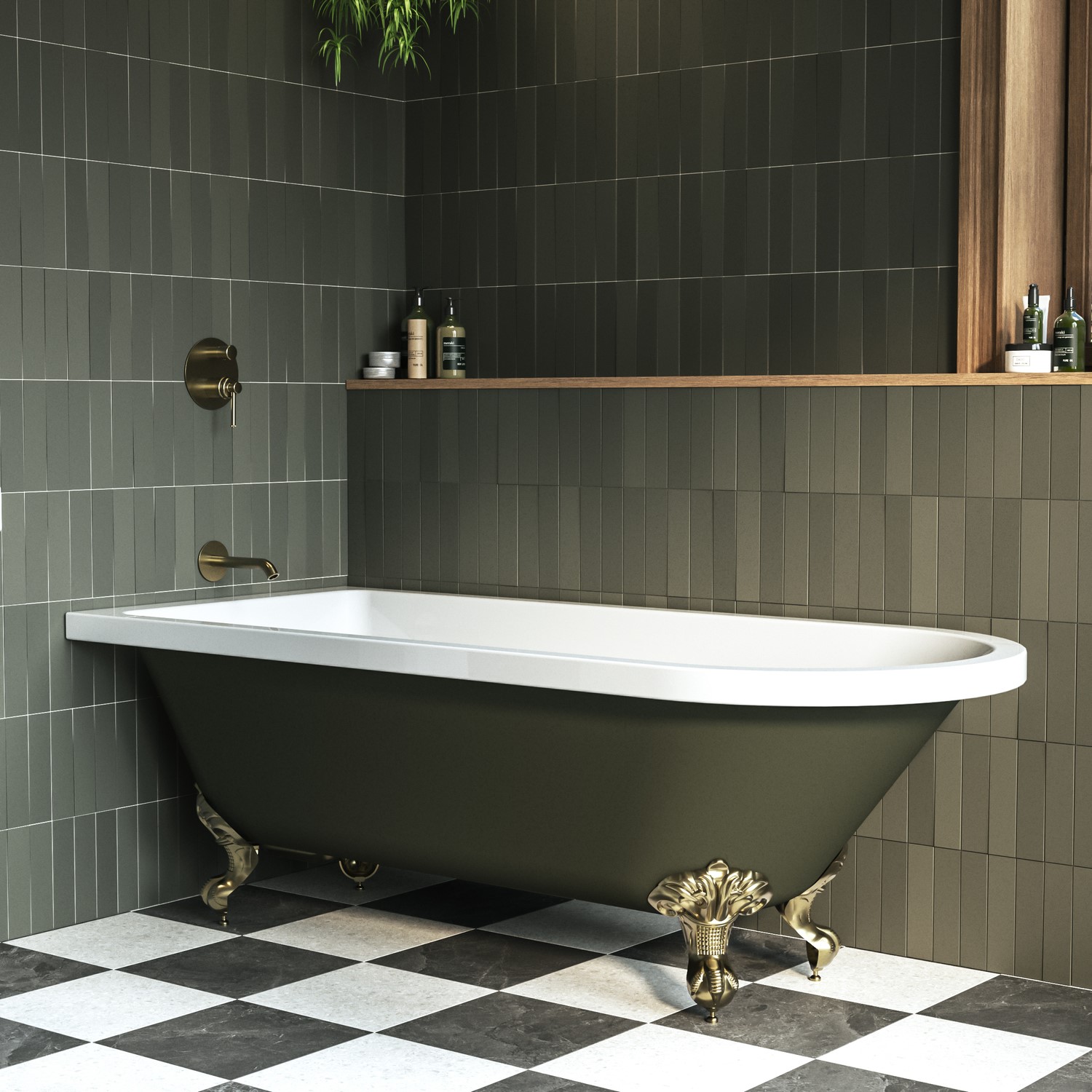 Dark Green Freestanding Single Ended Bath Brass Feet 1670 x 740mm