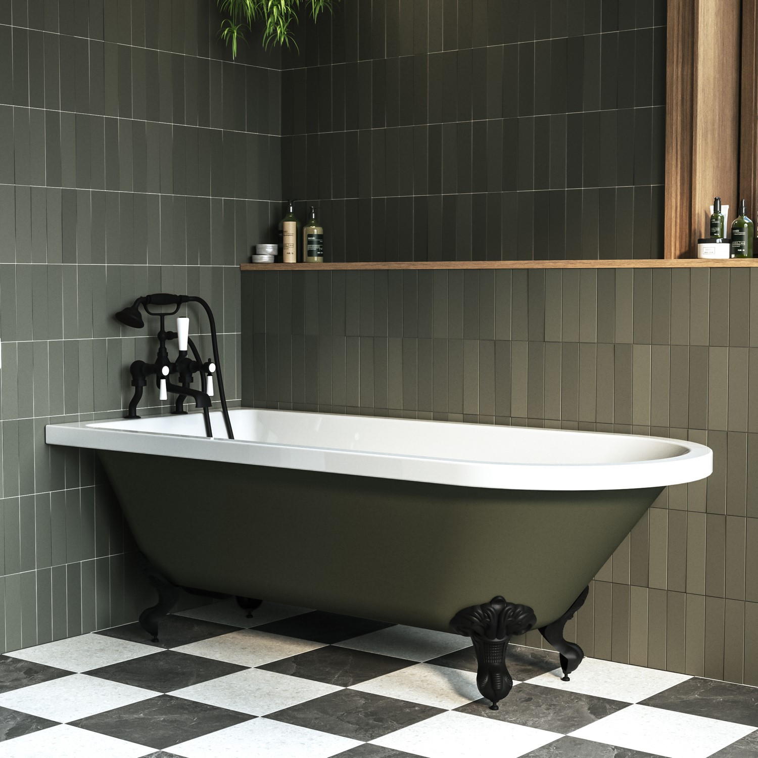 Dark Green Freestanding Single Ended Bath Black Feet 1670 x 740mm