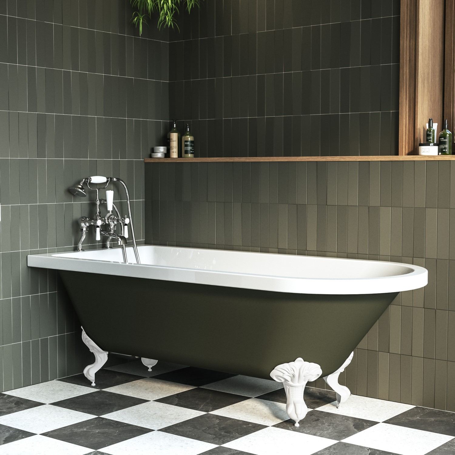Dark Green Freestanding Single Ended Bath White Feet 1670 x 740mm