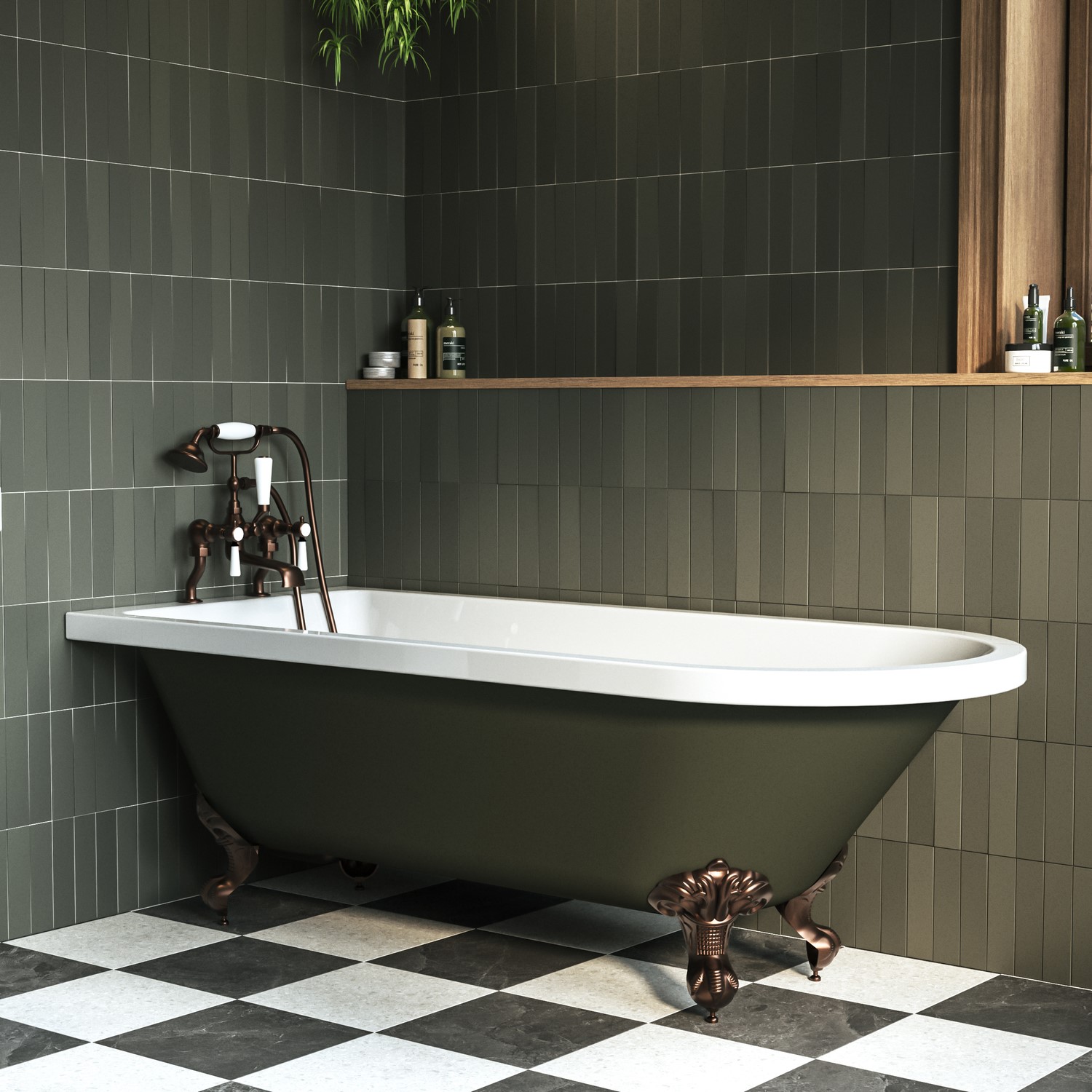 Dark Green Freestanding Single Ended Bath Bronze Feet 1670 x 740mm