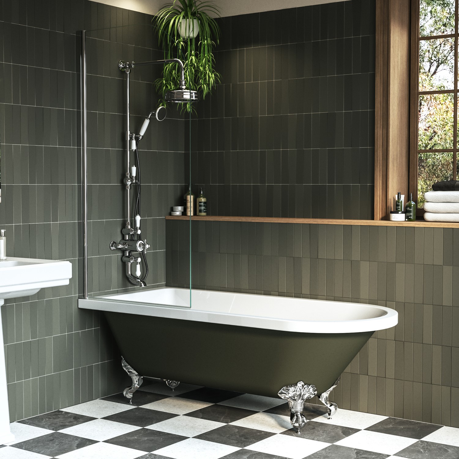 Dark Green Freestanding Single Ended Shower Bath Chrome Screen & Feet 1670 x 740mm
