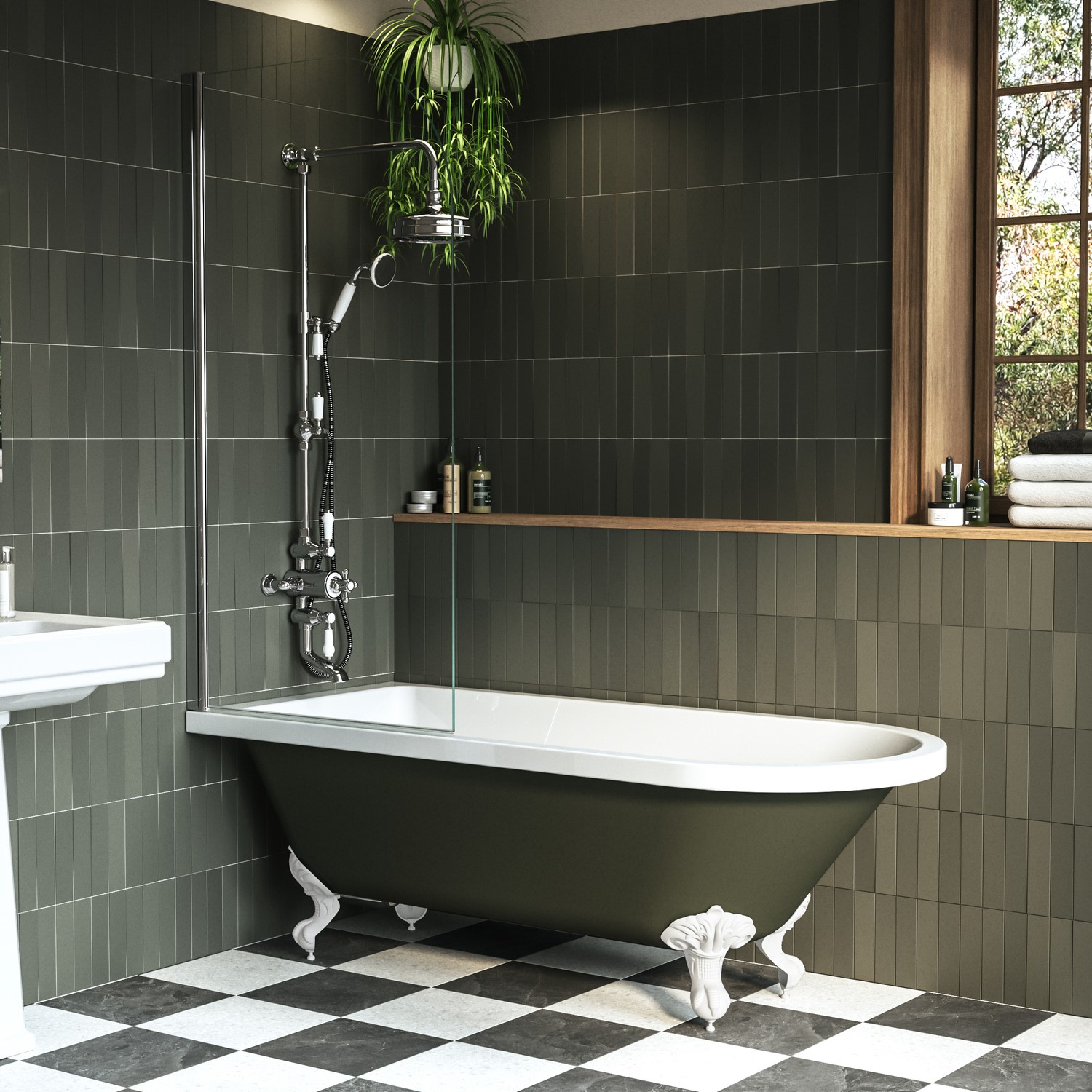 Dark Green Freestanding Single Ended Shower Bath Chrome Screen & White Feet 1670 x 740mm