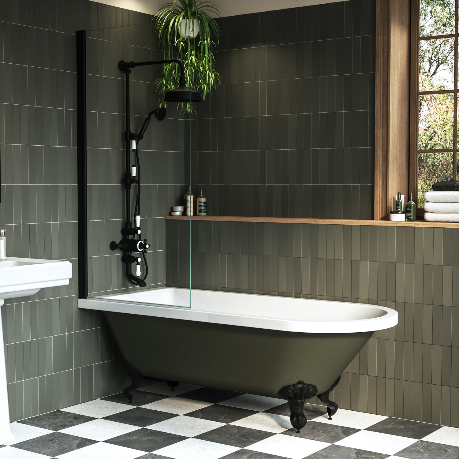 Dark Green Freestanding Single Ended Shower Bath Black Screen & Feet 1670 x 740mm
