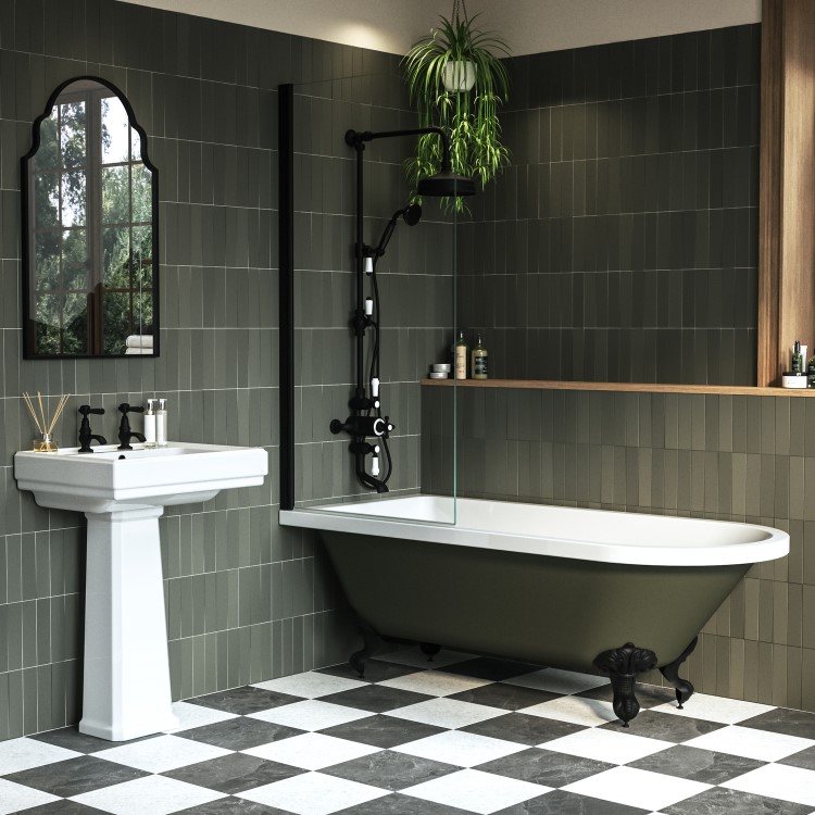 Dark Green Freestanding Single Ended Shower Bath with Black Screen & Feet 1670 x 740mm - Park Royal