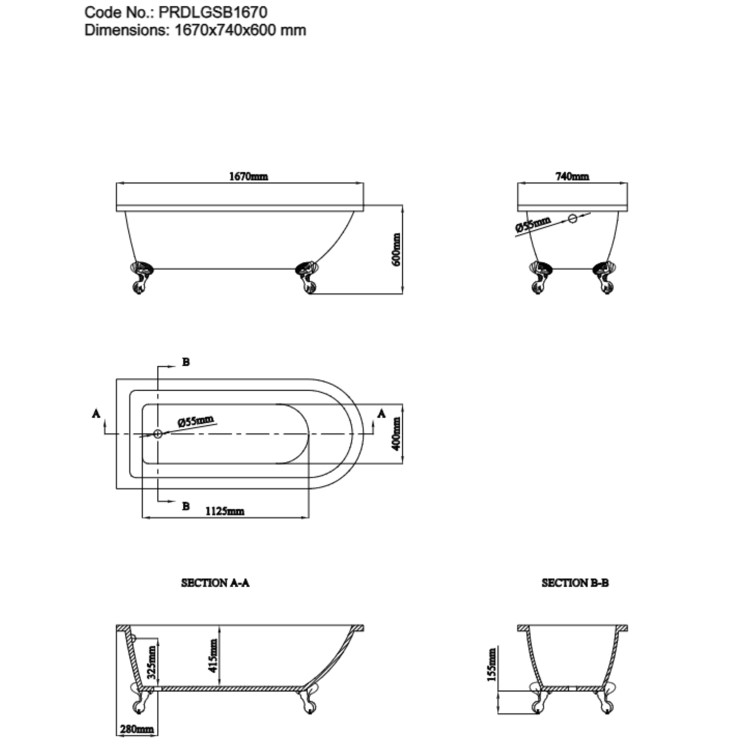 Dark Green Freestanding Single Ended Shower Bath with Black Screen & Feet 1670 x 740mm - Park Royal