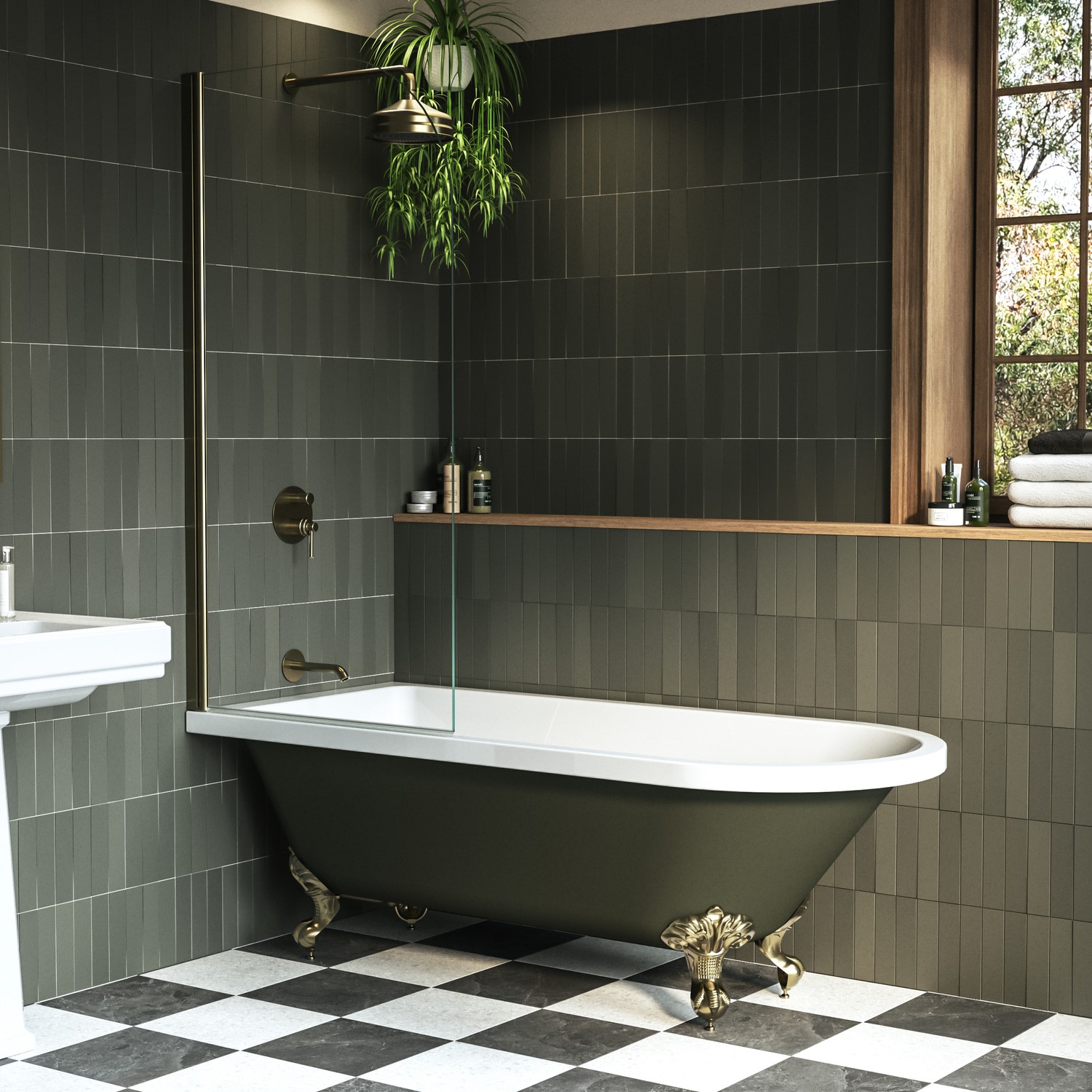 Dark Green Freestanding Single Ended Shower Bath Brushed Brass Screen & Feet 1670 x 740mm