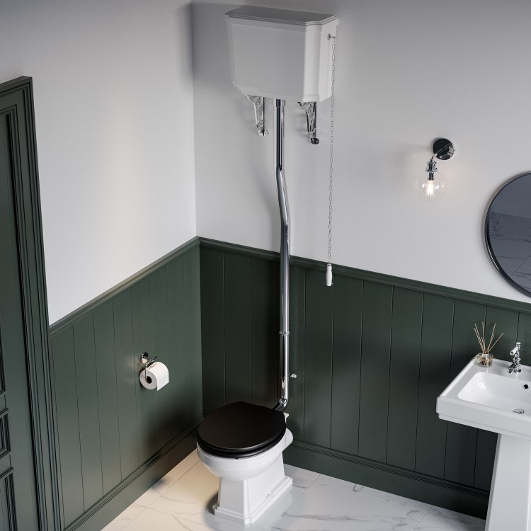 Traditional High Level Short Projection Toilet with Black Wooden Soft Close Seat - Park Royal