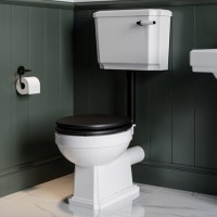 Close Coupled Traditional Low Level Short Projection Toilet with Black Wooden Soft Close Seat & Black Fittings - Park Royal