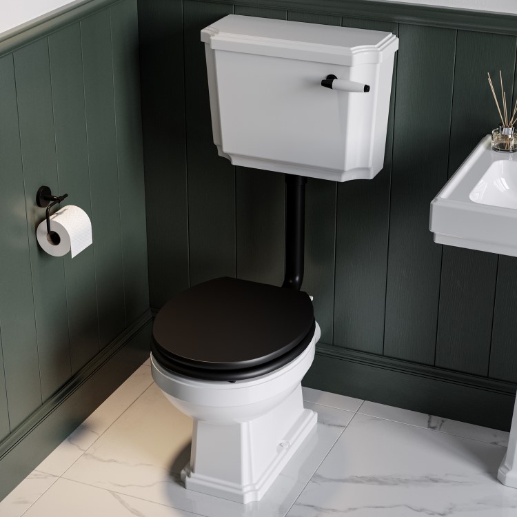 Close Coupled Traditional Low Level Short Projection Toilet with Black Wooden Soft Close Seat & Black Fittings - Park Royal