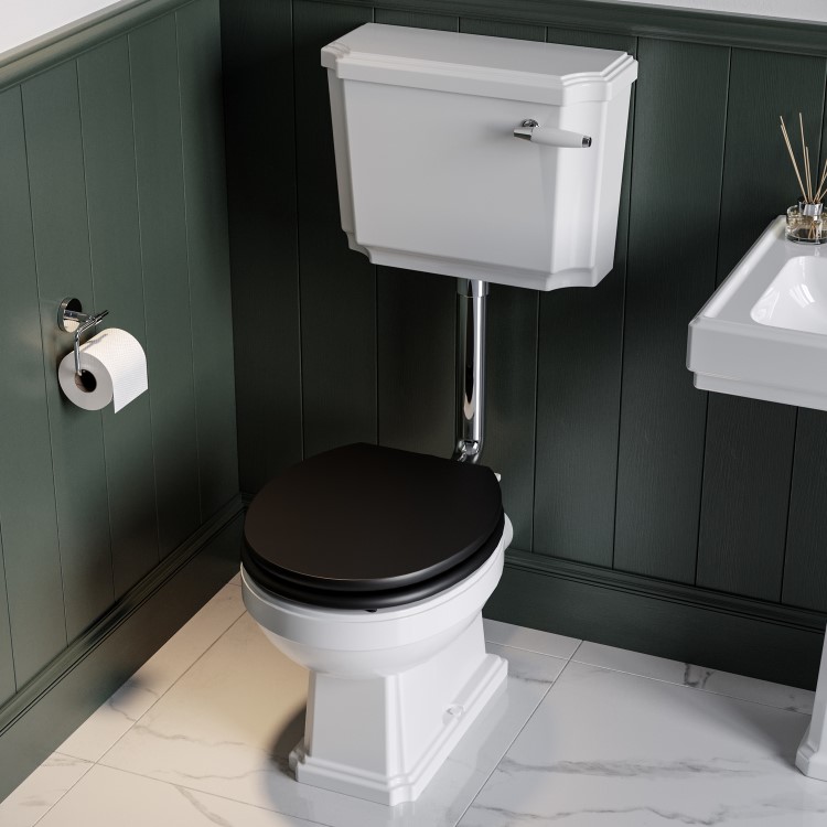 Close Coupled Traditional Low Level Short Projection Toilet with Black Wooden Soft Close Seat & Chrome Fittings - Park Royal