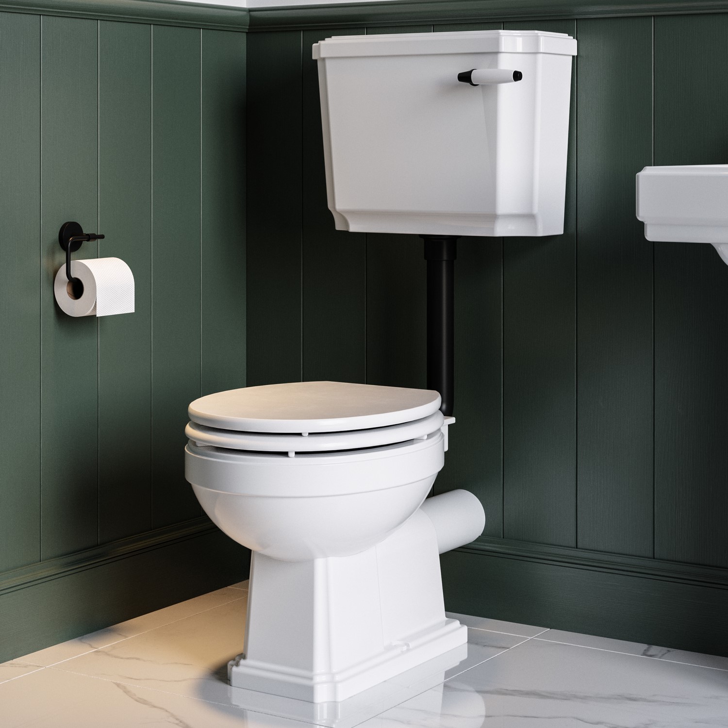 Close Coupled Traditional Low Level Short Projection Toilet with Wooden Soft Close Seat & Black Fittings - Park Royal