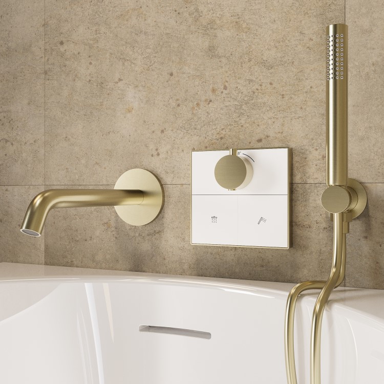 Brushed Brass 2 Outlet Concealed Mixer Shower Set With Bath Filler Spout & Hand Shower - Priya