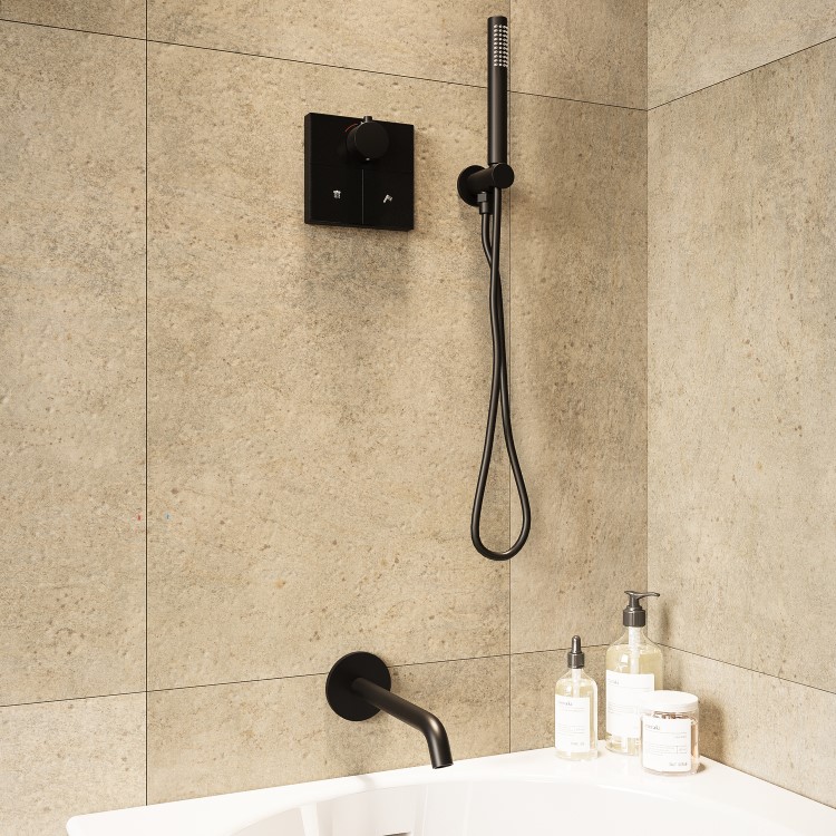 Black 2 Outlet Concealed Mixer Shower Set With Bath Filler Spout & Hand Shower - Priya