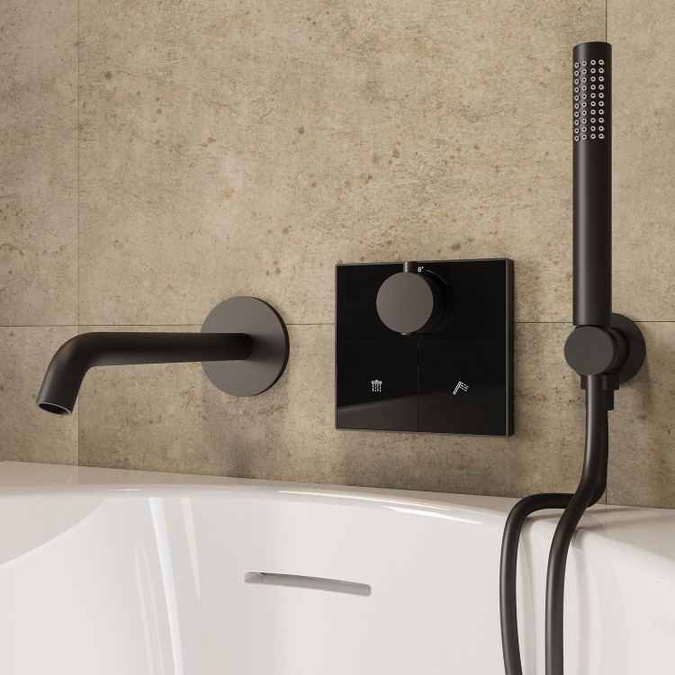 Black 2 Outlet Concealed Mixer Shower Set With Bath Filler Spout & Hand Shower - Priya