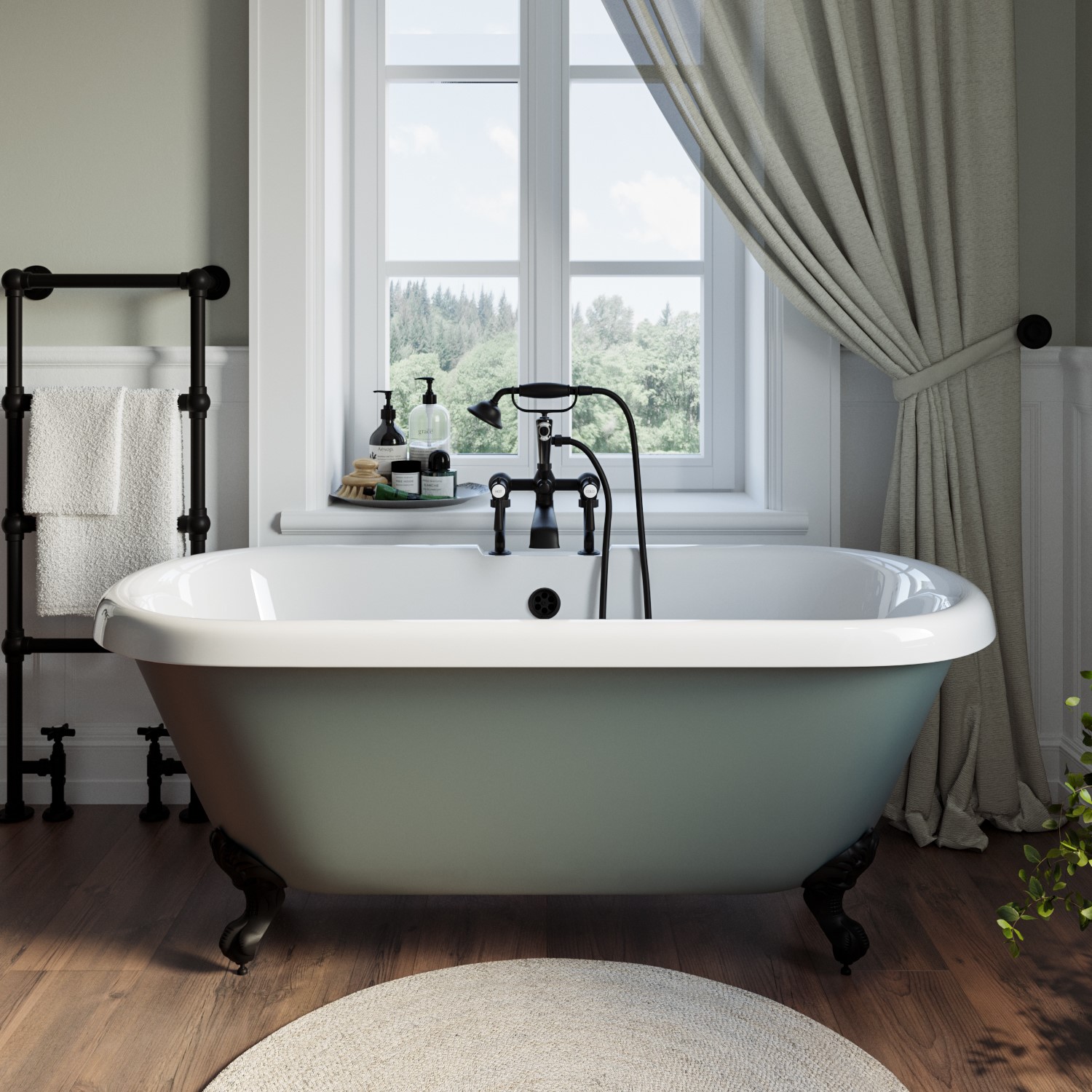 Freestanding Light Green Double Ended Roll Top Bath Black Feet 1515 x 740mm