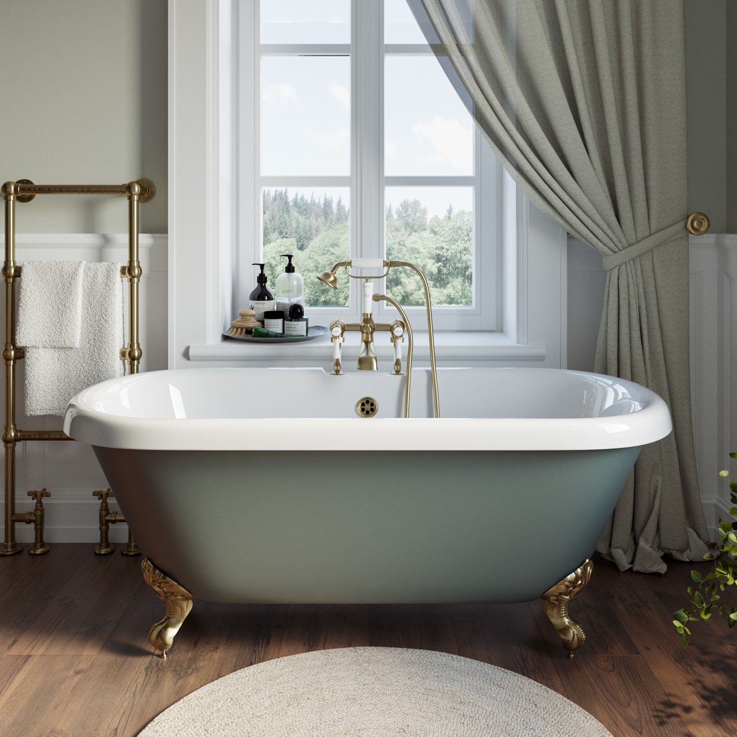 Freestanding Light Green Double Ended Roll Top Bath Brass Feet 1515 x 740mm