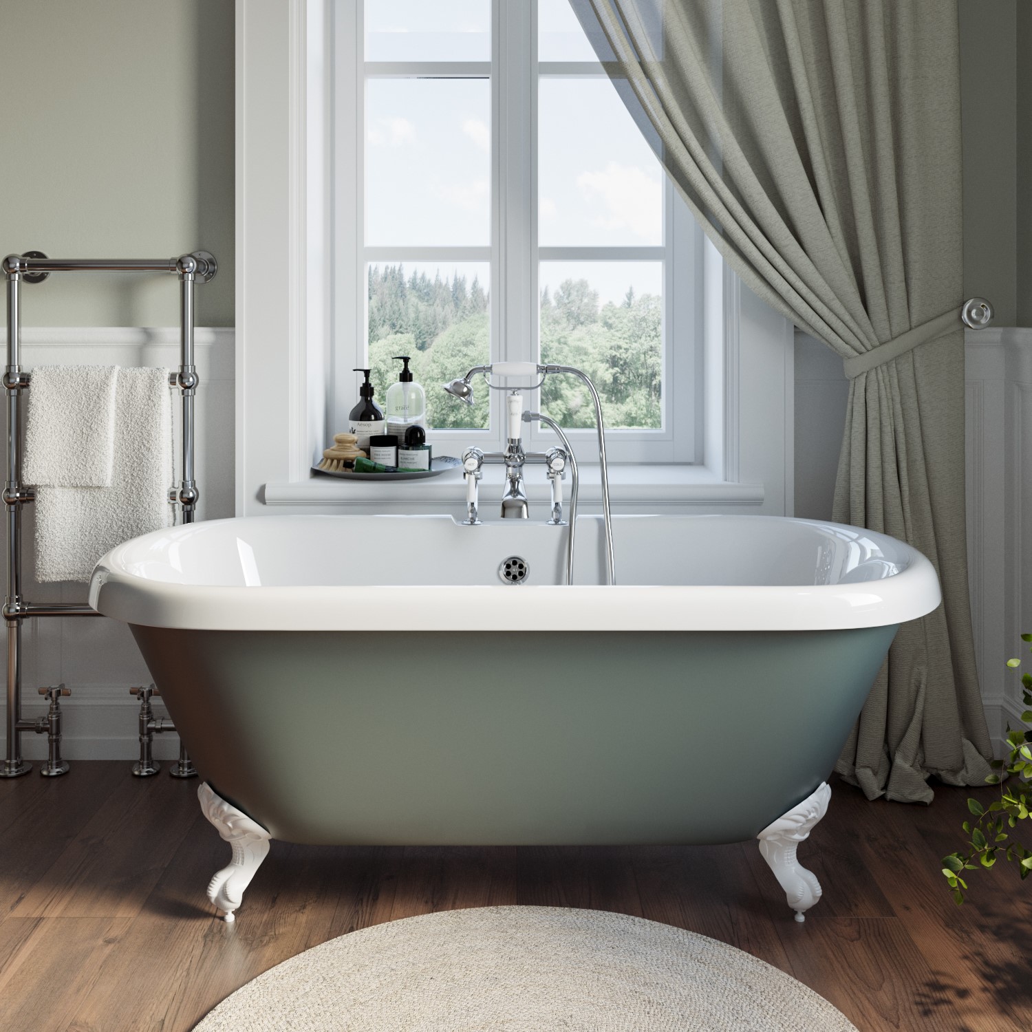 Freestanding Light Green Double Ended Roll Top Bath White Feet 1515 x 740mm
