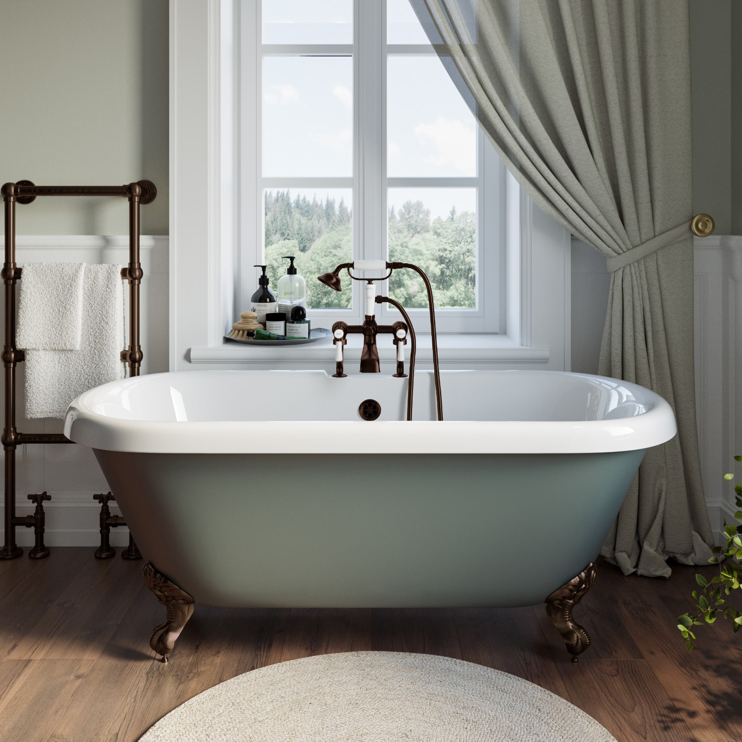 Freestanding Light Green Double Ended Roll Top Bath Bronze Feet 1515 x 740mm