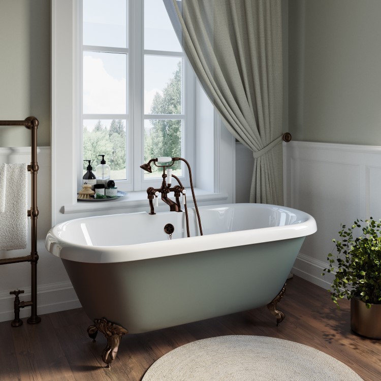 Freestanding Light Green Double Ended Roll Top Bath with Bronze Feet 1515 x 740mm - Park Royal