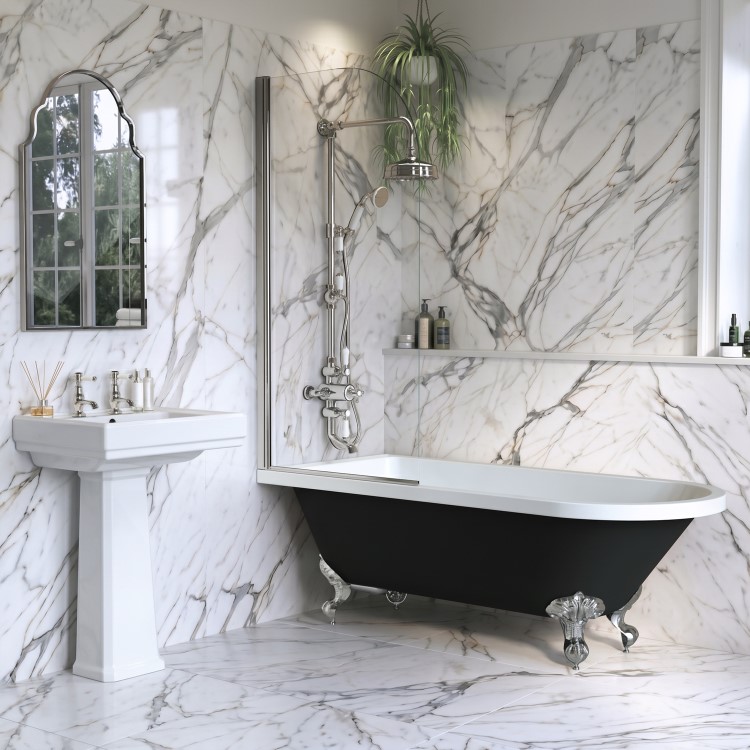 Black Freestanding Single Ended Shower Bath with Chrome Screen & Feet 1670 x 740 mm - Park Royal