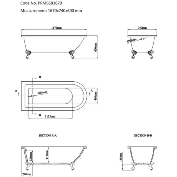 Black Freestanding Single Ended Bath with Black Feet 1670 x 740mm - Park Royal