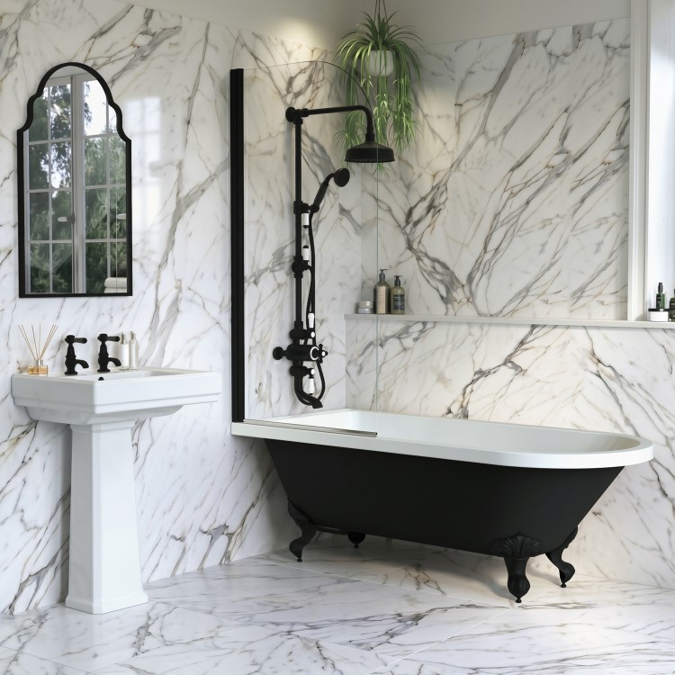 Black Freestanding Single Ended Shower Bath with Black Screen & Feet 1670 x 740 mm - Park Royal
