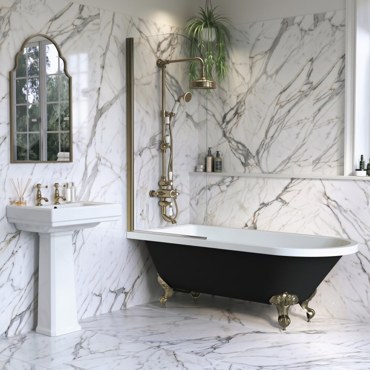Black Freestanding Single Ended Shower Bath with Brushed Brass Screen & Feet 1670 x 740 mm - Park Royal