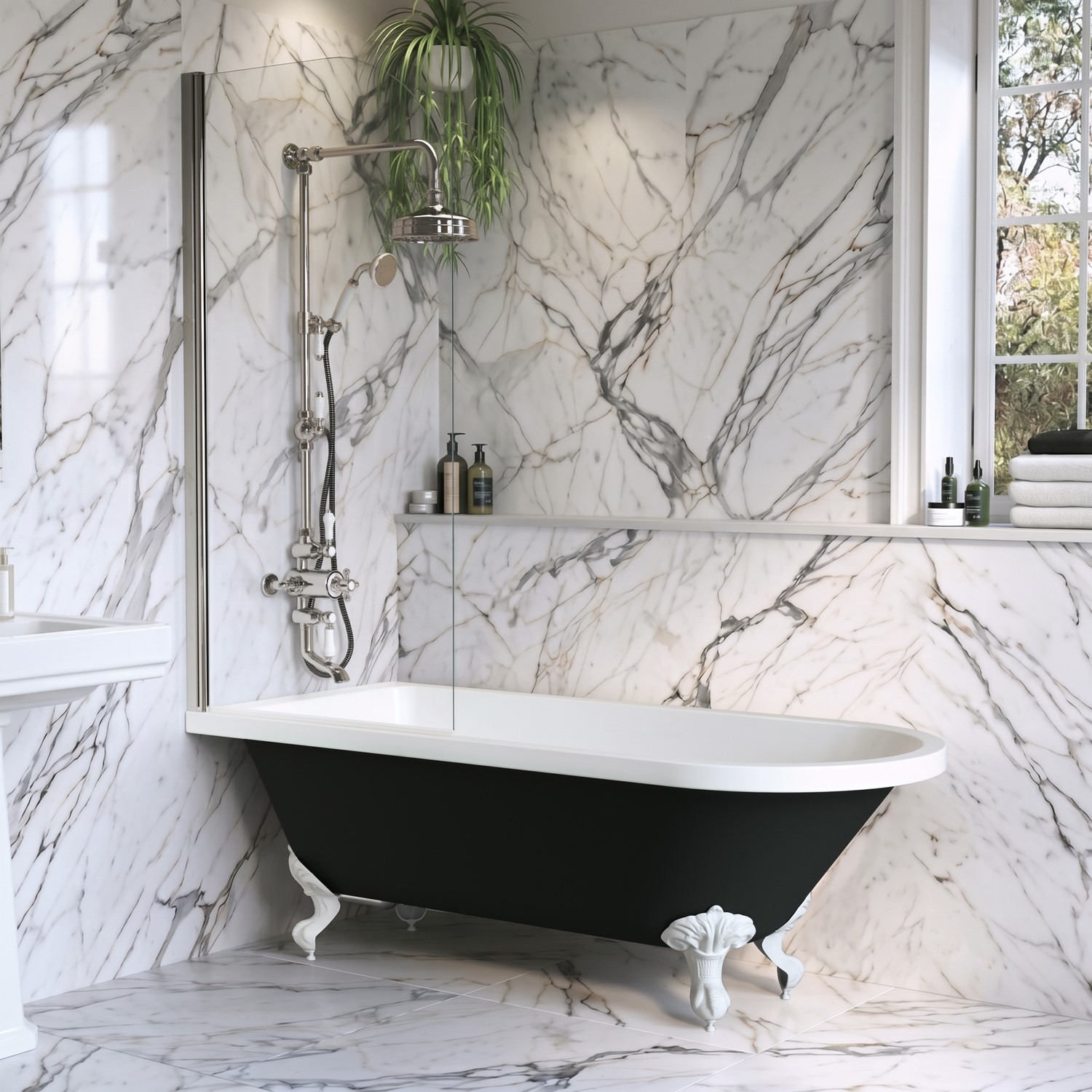 Freestanding Single Ended Shower Bath Chrome Screen & White Feet 1670 x 740 mm