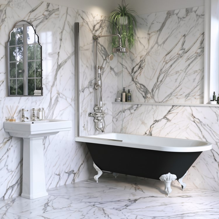 Black Freestanding Single Ended Shower Bath with Chrome Screen & White Feet 1670 x 740 mm - Park Royal