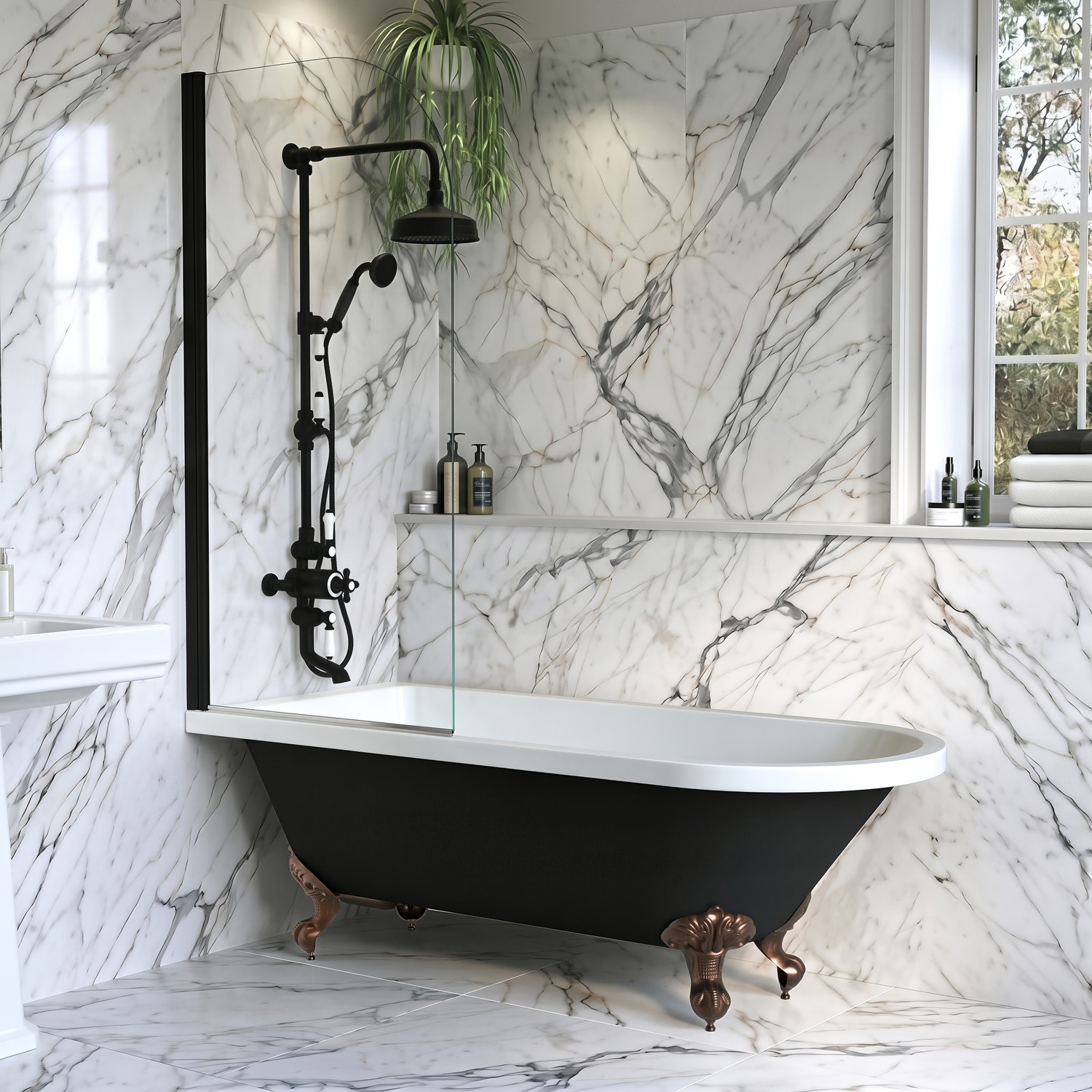 Freestanding Single Ended Shower Bath Bronze Feet & Bath Screen 1670 x 740mm