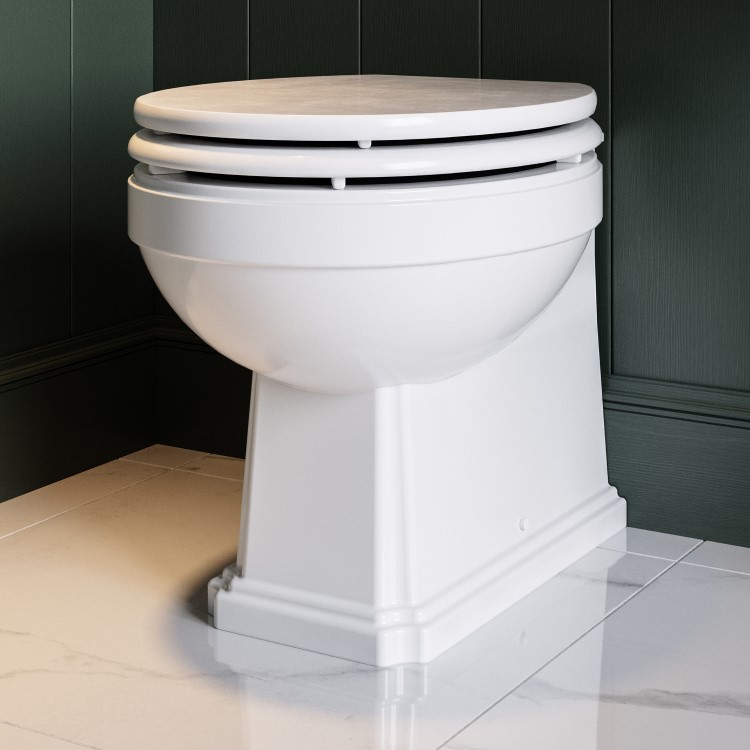 Back to Wall Traditional Toilet with Wooden Soft Close Seat and Chrome Hinges - Park Royal