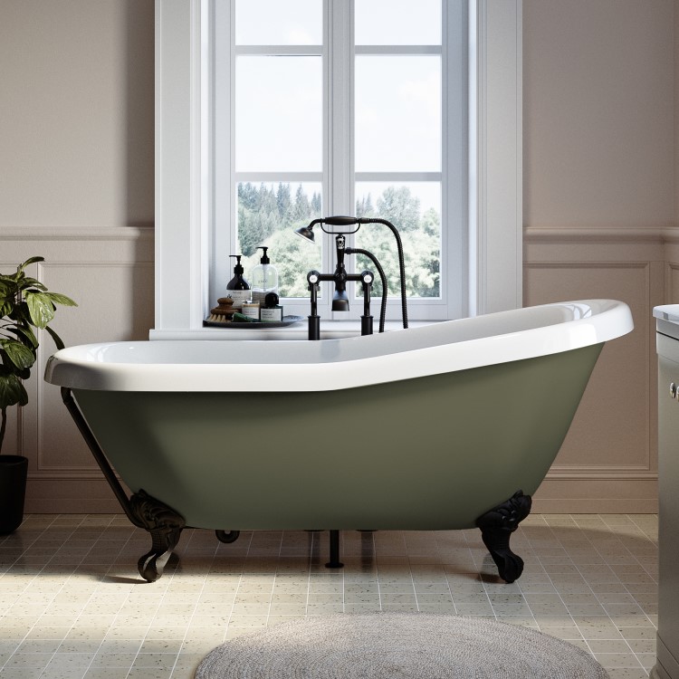 Dark Green Freestanding Single Ended Roll Top Slipper Bath with Black Feet 1615 x 690mm - Park Royal
