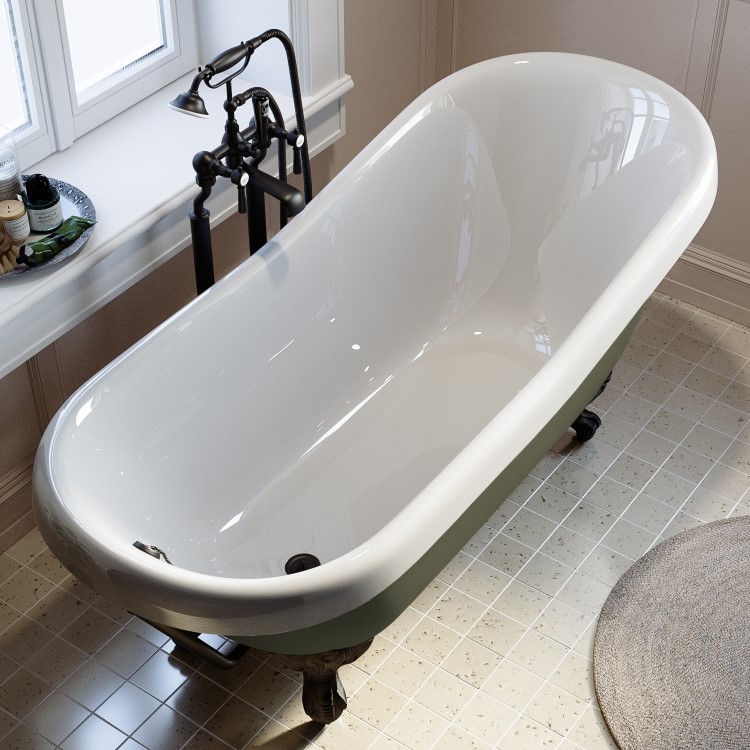 Dark Green Freestanding Single Ended Roll Top Slipper Bath with Black Feet 1615 x 690mm - Park Royal