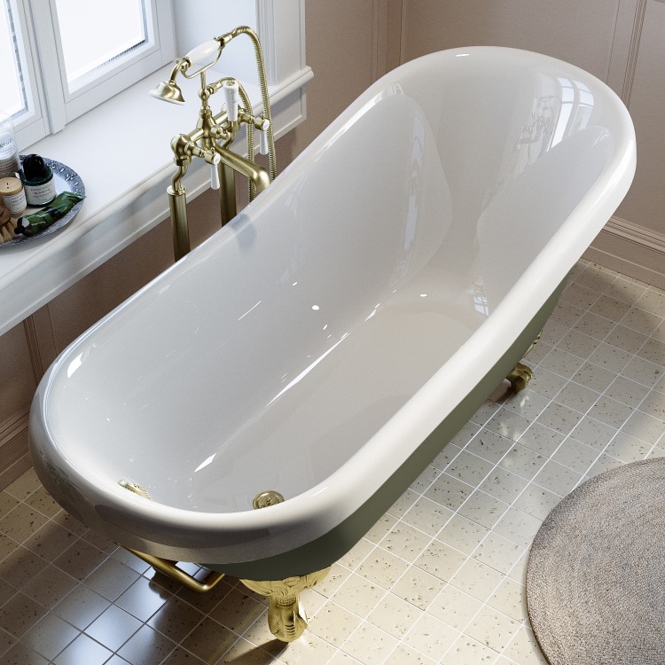 Dark Green Freestanding Single Ended Roll Top Slipper Bath with Brass Feet 1615 x 690mm - Park Royal
