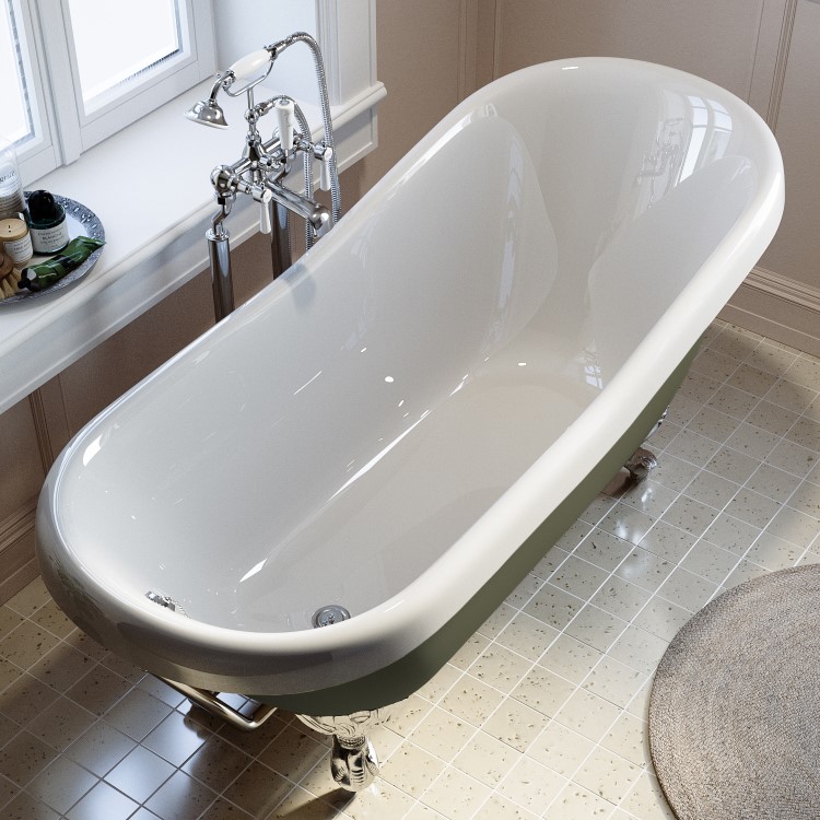 Dark Green Freestanding Single Ended Roll Top Slipper Bath with White Feet 1615 x 690mm - Park Royal