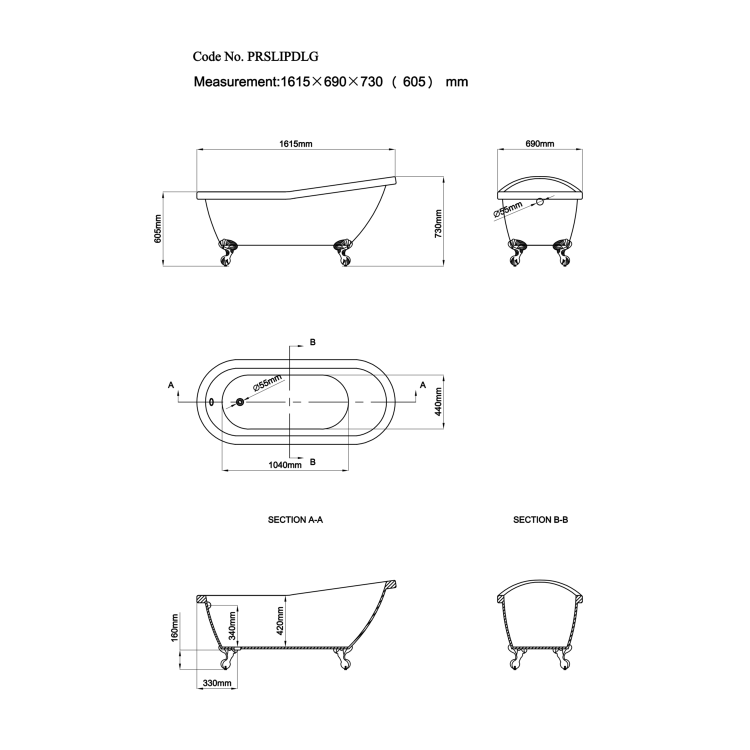Dark Green Freestanding Single Ended Roll Top Slipper Bath with Chrome Feet 1615 x 690mm - Park Royal