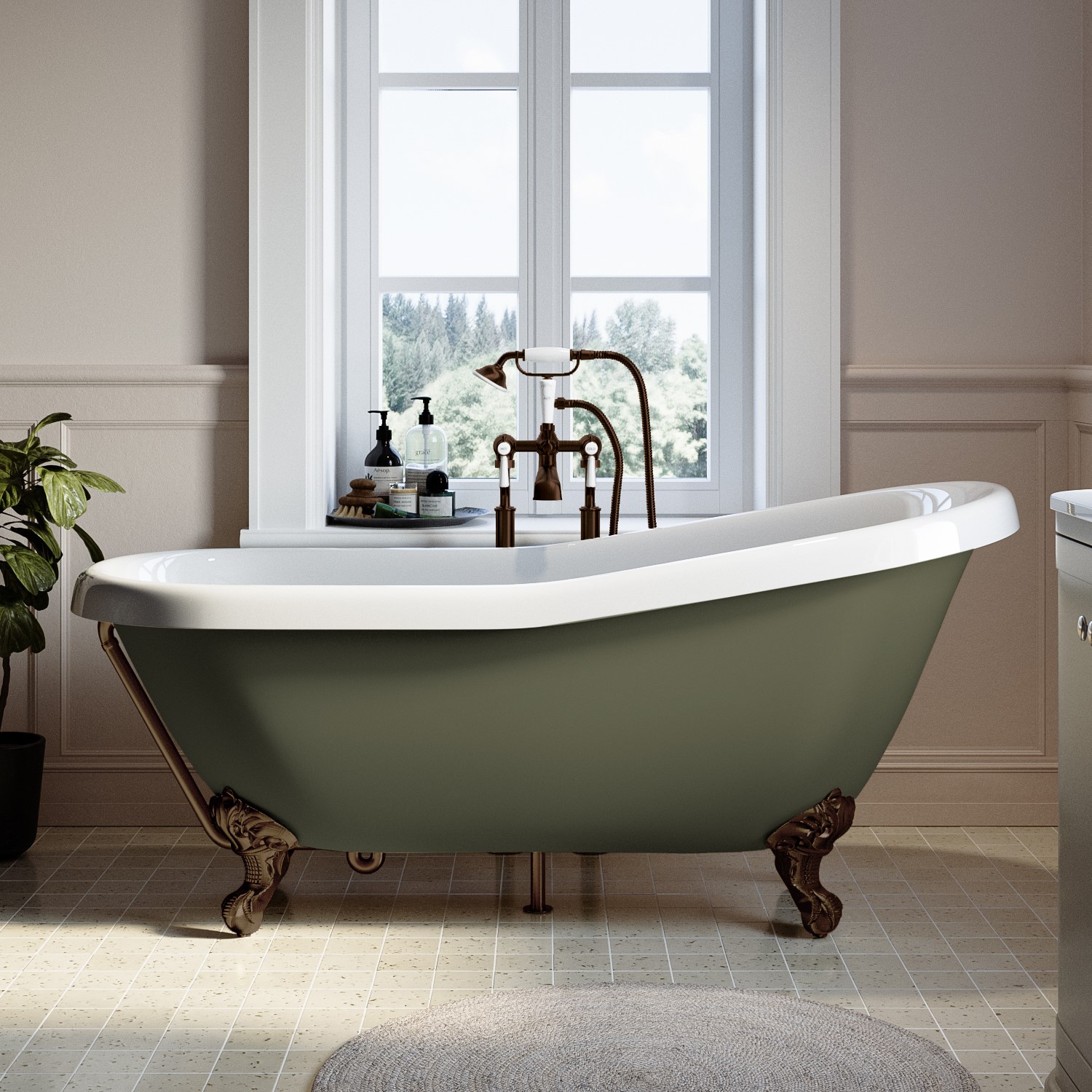 Dark Green Freestanding Single Ended Roll Top Slipper Bath Bronze Feet 1615 x 690mm