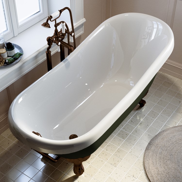 Dark Green Freestanding Single Ended Roll Top Slipper Bath with Bronze Feet 1615 x 690mm - Park Royal