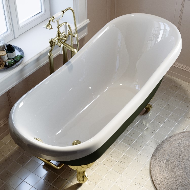 Dark Green Freestanding Single Ended Roll Top Slipper Bath with Brass Feet 1615 x 690mm - Park Royal