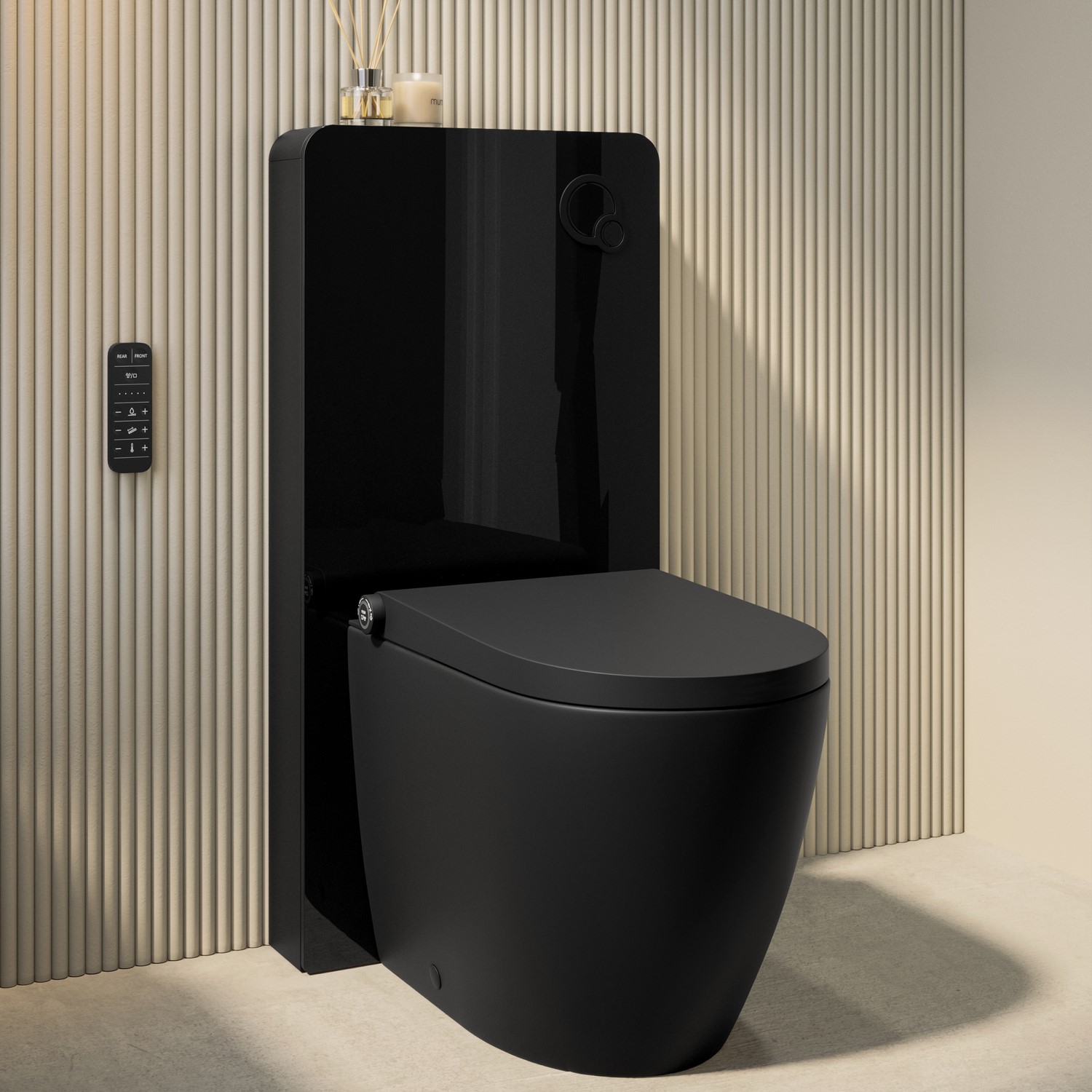 Matt Back To Wall Smart Bidet Japanese Toilet Glass Cabinet Frame Cistern & Pneumatic Dual Flush Button