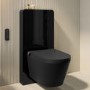 Matt Black Wall Hung Smart Bidet Japanese Toilet With Black Glass Cabinet, Frame, Cistern & Pneumatic Dual Flush Button - Purificare