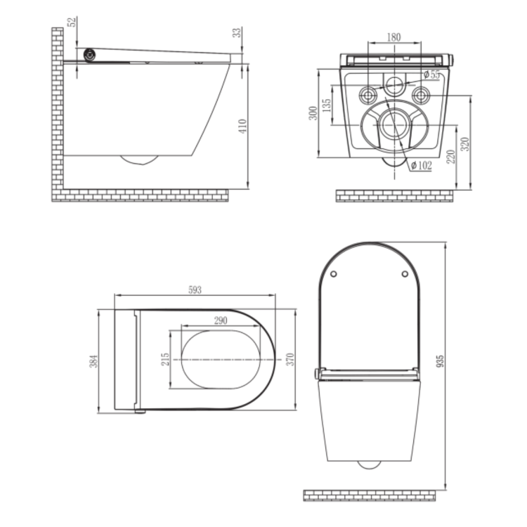 Matt Black Wall Hung Smart Bidet Japanese Toilet With Black Glass Cabinet, Frame, Cistern & Pneumatic Dual Flush Button - Purificare