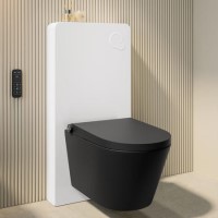 Matt Black Wall Hung Smart Bidet Japanese Toilet, White Glass Cabinet, Frame, Cistern & Pneumatic Dual Flush Button - Purificare