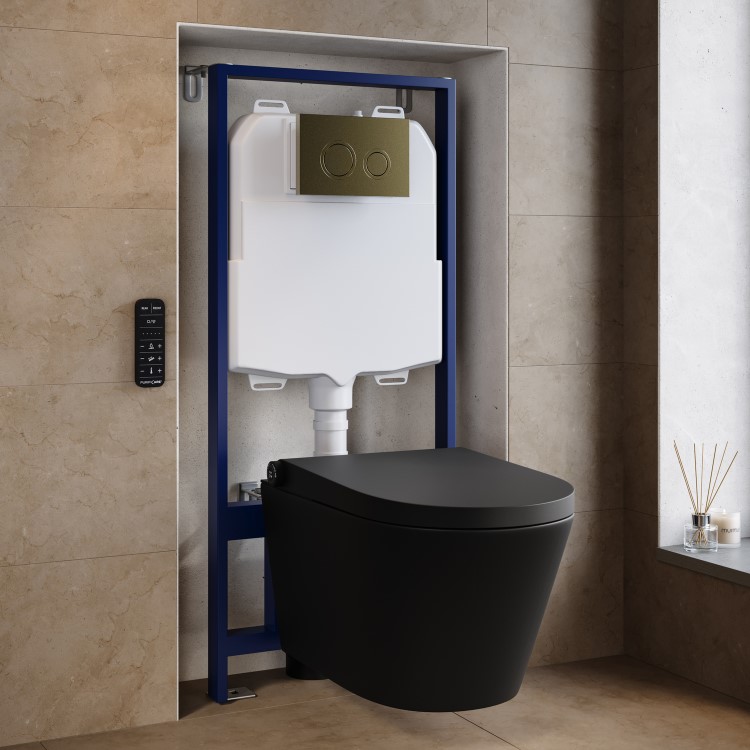 Matt Black Wall Hung Smart Bidet Japanese Toilet & 1160mm Frame Cistern and Brushed Brass Mechanical Flush Plate - Purificare