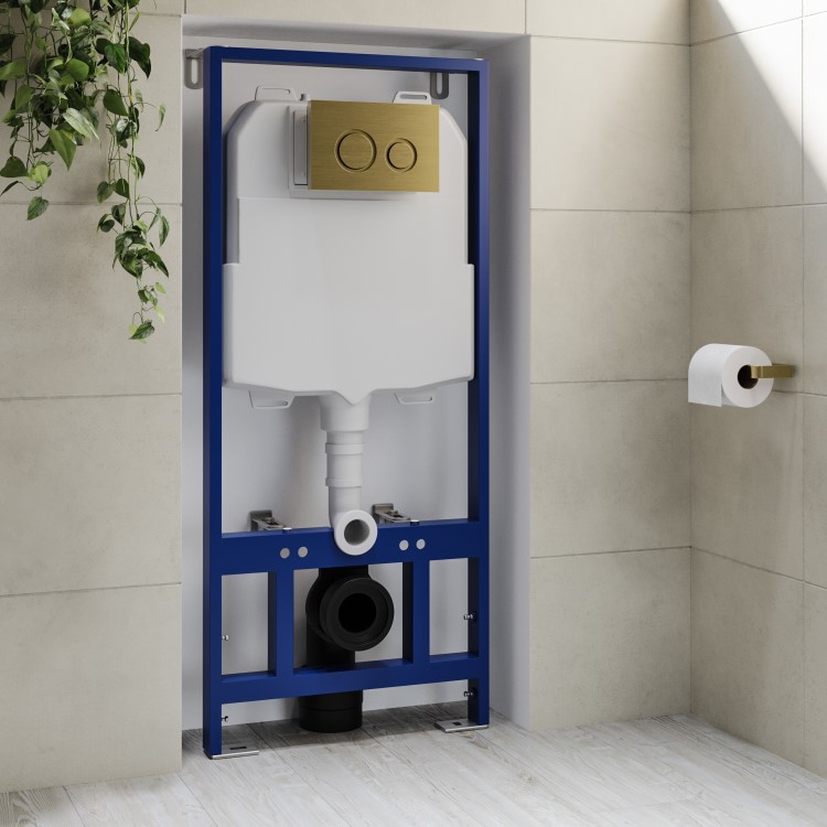 Matt Black Wall Hung Smart Bidet Japanese Toilet & 1160mm Frame Cistern and Brushed Brass Mechanical Flush Plate - Purificare