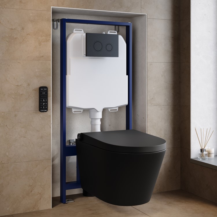 Matt Black Wall Hung Smart Bidet Japanese Toilet & 1160mm Frame Cistern and Matt Black Mechanical Flush Plate - Purificare