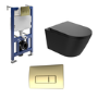 Matt Black Wall Hung Smart Bidet Japanese Toilet & 820mm Frame Cistern with Brushed Brass Pneumatic Flush Plate - Purificare