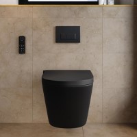 Matt Black Wall Hung Smart Bidet Japanese Toilet & 820mm Frame Cistern with Matt Black Pneumatic Flush Plate - Purificare