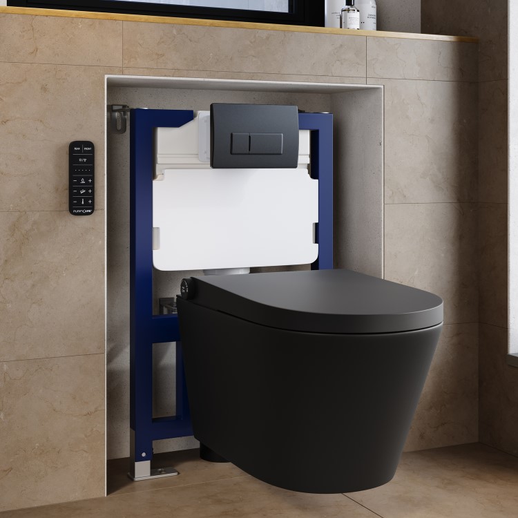Matt Black Wall Hung Smart Bidet Japanese Toilet & 820mm Frame Cistern with Matt Black Pneumatic Flush Plate - Purificare