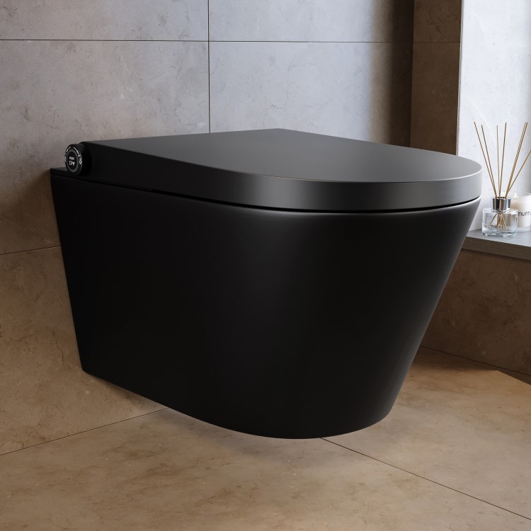 Matt Black Wall Hung Smart Bidet Japanese Toilet & 820mm Frame Cistern with Polished Chrome  Pneumatic Flush Plate - Purificare